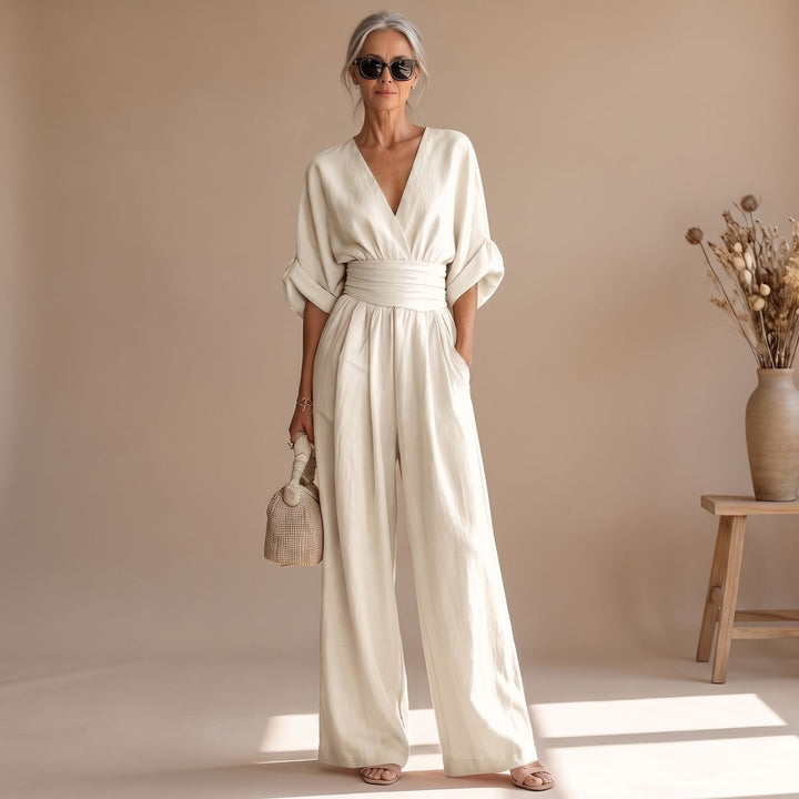 Women's Wide-Leg V-Neck Fitted-Waist Jumpsuit, Pink - White