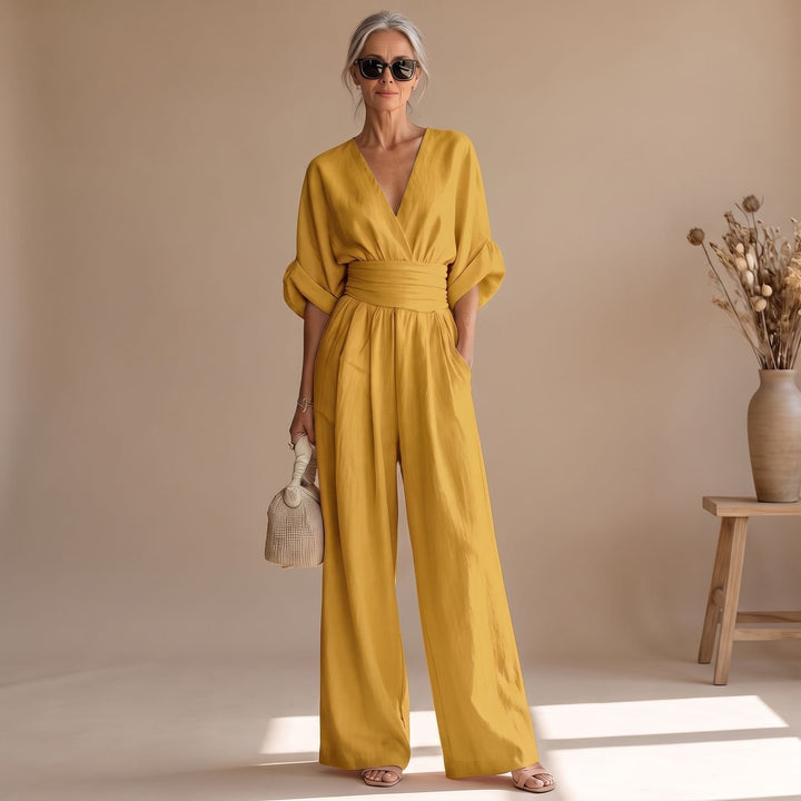 Women's Wide-Leg V-Neck Fitted-Waist Jumpsuit, Pink - Yellow