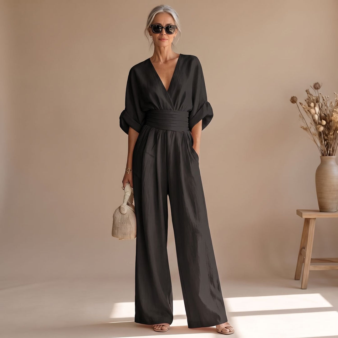 Women's Wide-Leg V-Neck Fitted-Waist Jumpsuit, Pink - Black