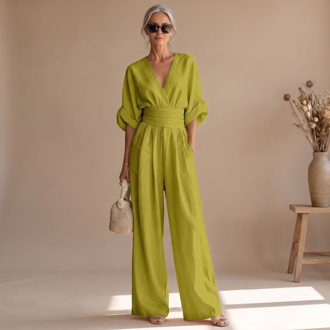 Women's Wide-Leg V-Neck Fitted-Waist Jumpsuit, Pink - Olive Green