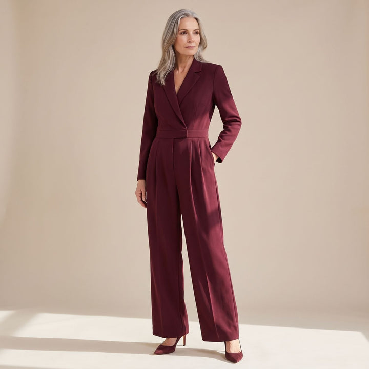 Women's Wide-Leg V-Neck Tailored Jumpsuit - Red