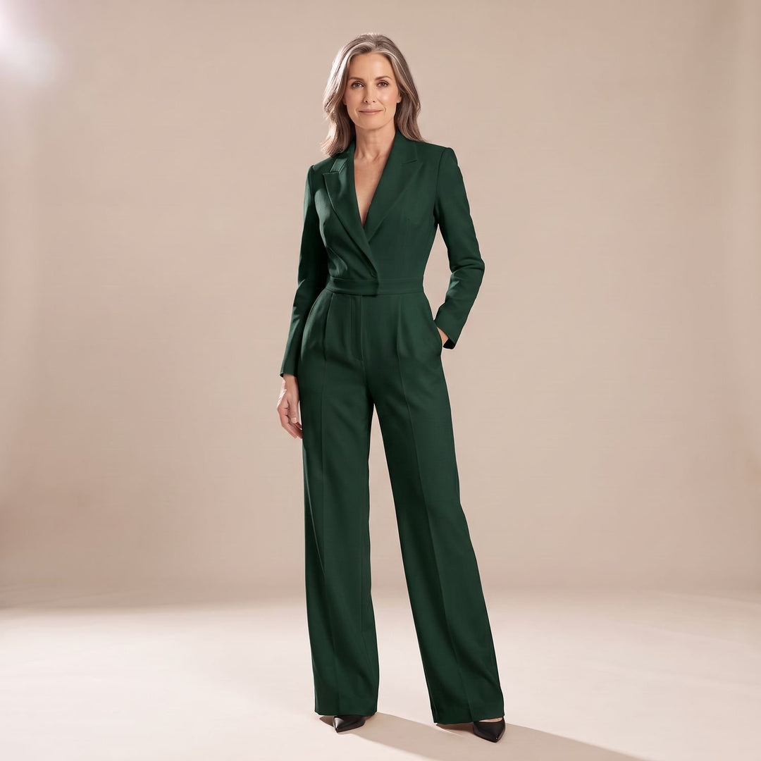 Women's Wide-Leg V-Neck Tailored Jumpsuit - Green