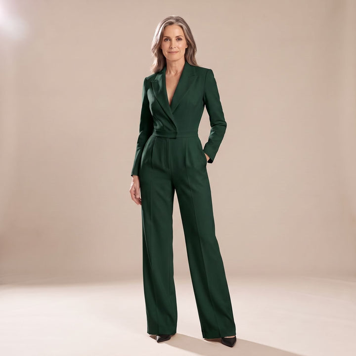 Women's Wide-Leg V-Neck Tailored Jumpsuit - Green