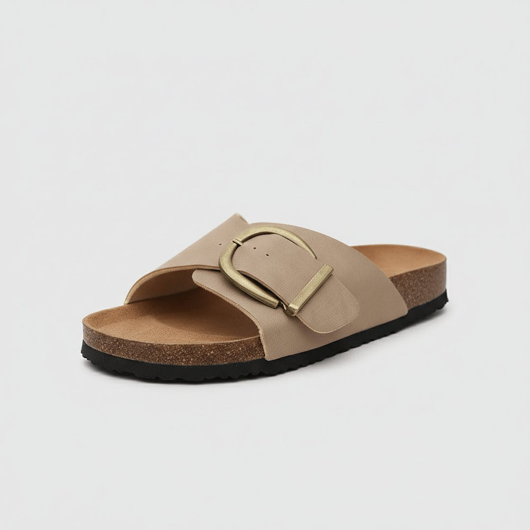Women's Wide Strap Buckle Slip-On Comfortable Sandals Open Toe Flat - Classic Beige