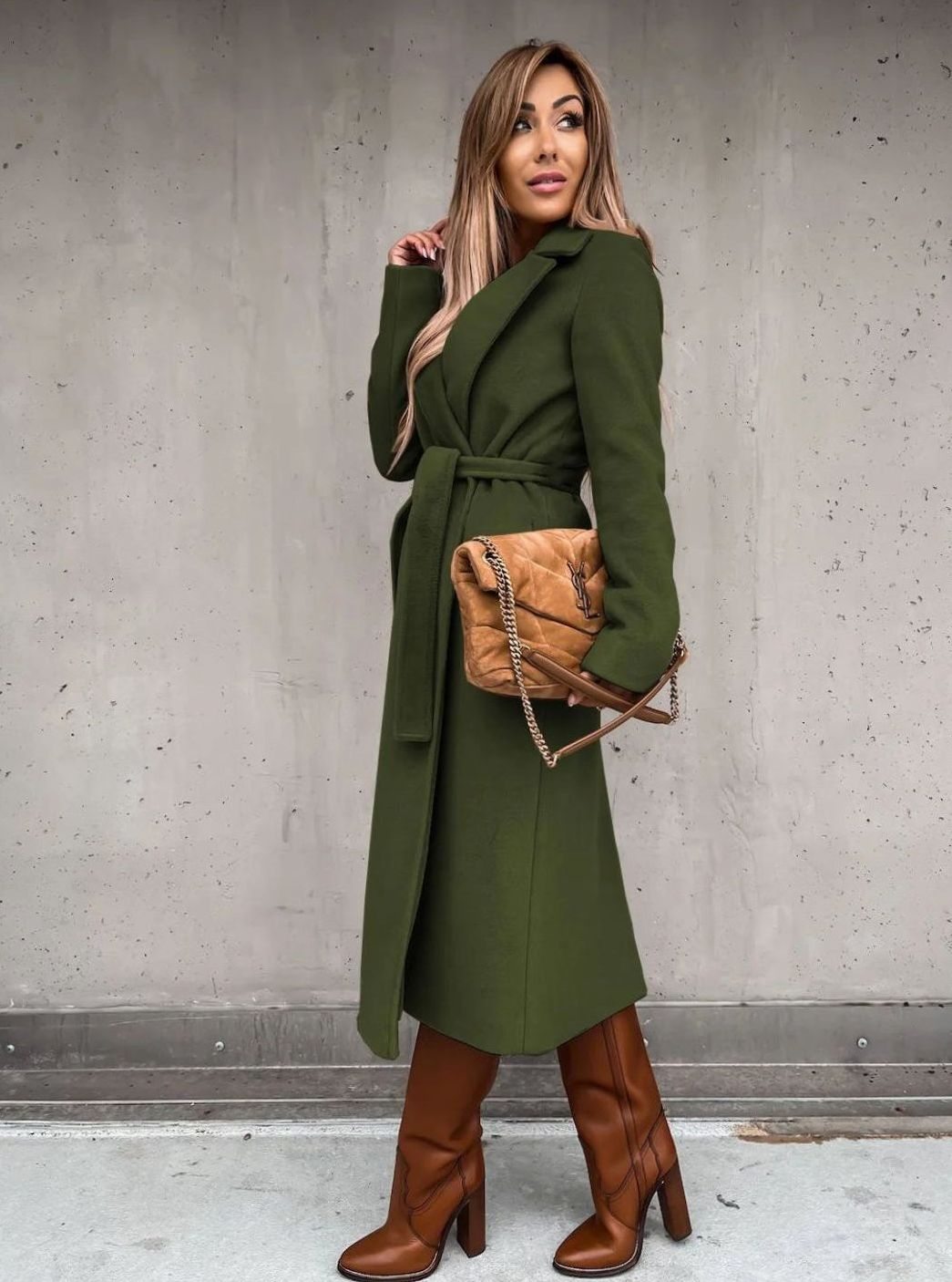 Women's Wool-Blend Belted Wrap Midi Winter Coat Shawl Collar - Olive Green