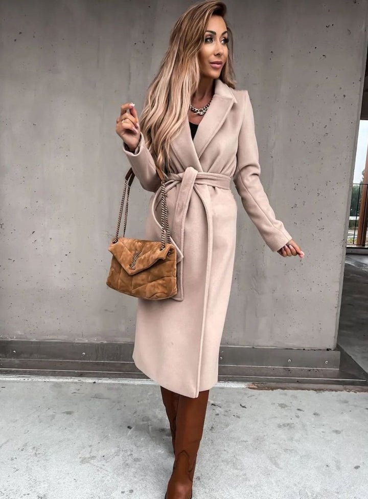 Women's Wool-Blend Belted Wrap Midi Winter Coat Shawl Collar - Beige