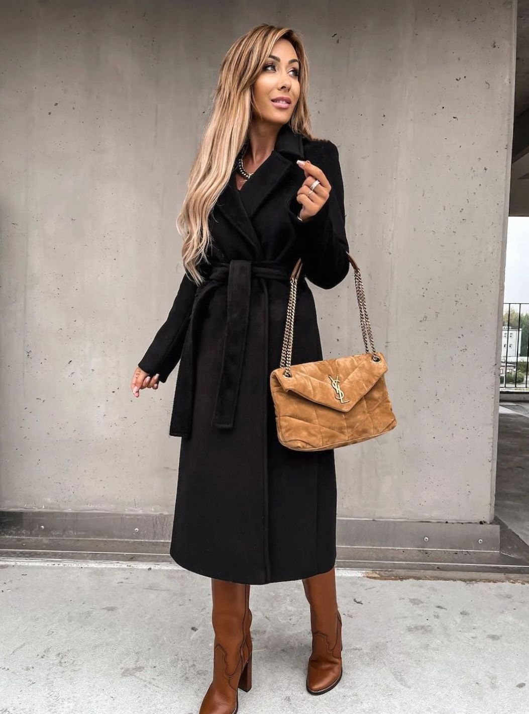 Women's Wool-Blend Belted Wrap Midi Winter Coat Shawl Collar - Black