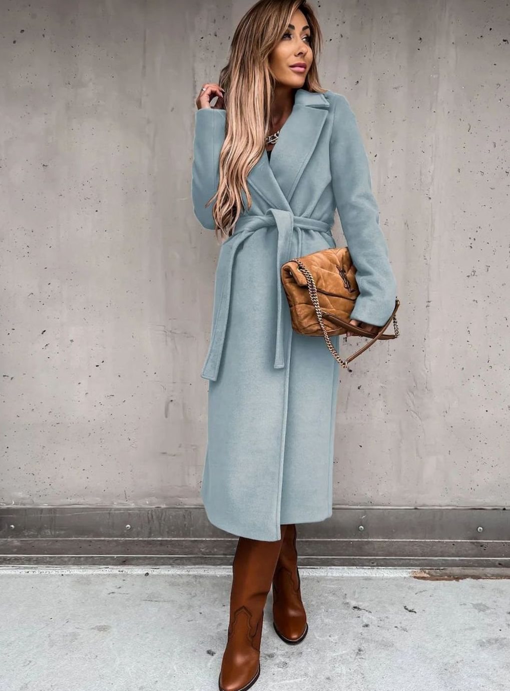 Women's Wool-Blend Belted Wrap Midi Winter Coat Shawl Collar - Blue