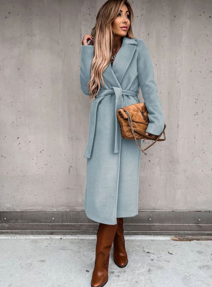 Women's Wool-Blend Belted Wrap Midi Winter Coat Shawl Collar - Blue