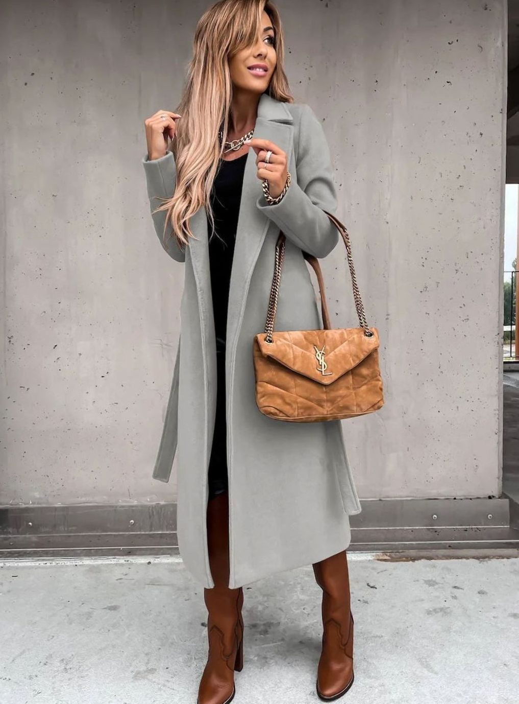 Women's Wool-Blend Belted Wrap Midi Winter Coat Shawl Collar - Grey