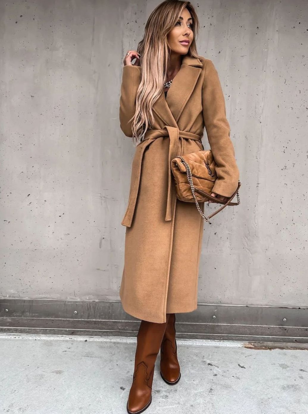 Women's Wool-Blend Belted Wrap Midi Winter Coat Shawl Collar - Khaki