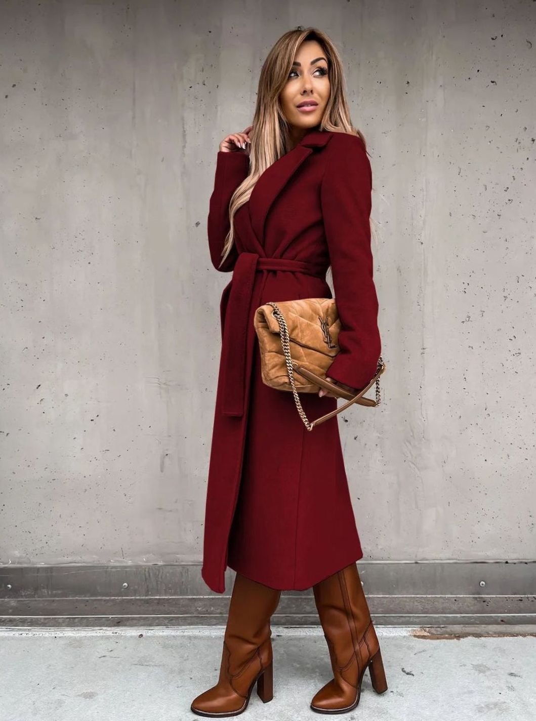 Women's Wool-Blend Belted Wrap Midi Winter Coat Shawl Collar - Red