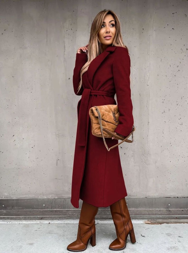 Women's Wool-Blend Belted Wrap Midi Winter Coat Shawl Collar - Red