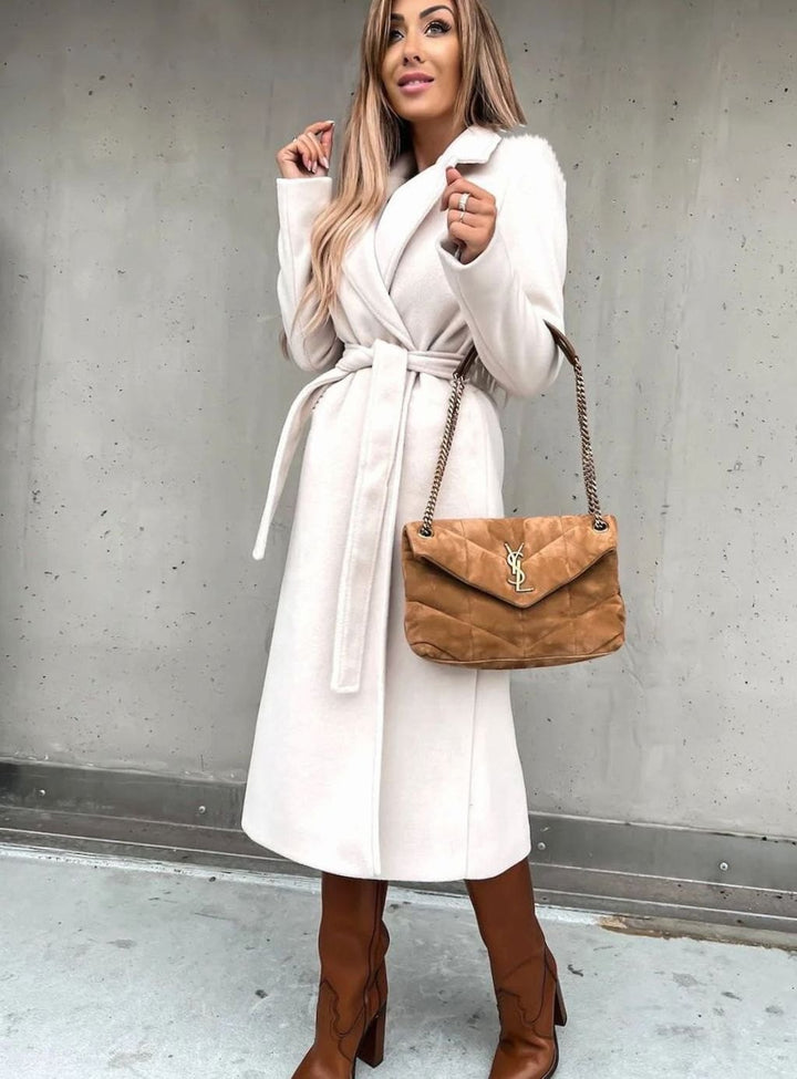 Women's Wool-Blend Belted Wrap Midi Winter Coat Shawl Collar - White