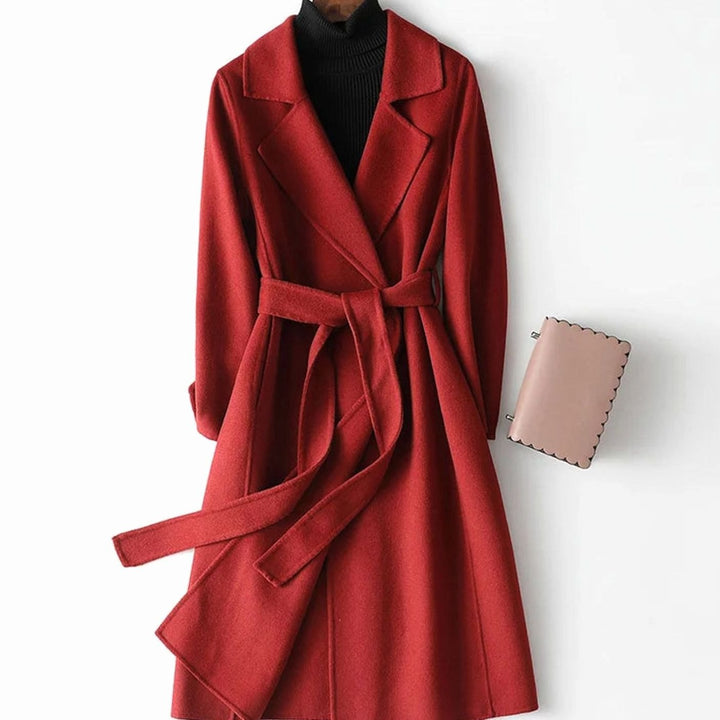 Women's Wool Blend Belted Wrap Winter Coat A-Line Notch Lapel - Burgundy