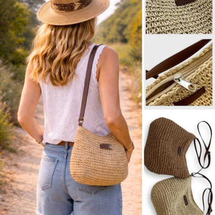 Women's Woven Raffia Hobo Shoulder Bag Adjustable Leather Strap