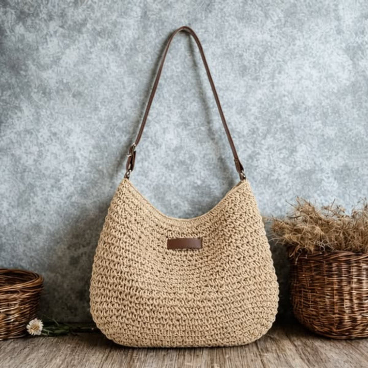 Women's Woven Raffia Hobo Shoulder Bag Adjustable Leather Strap - Beige
