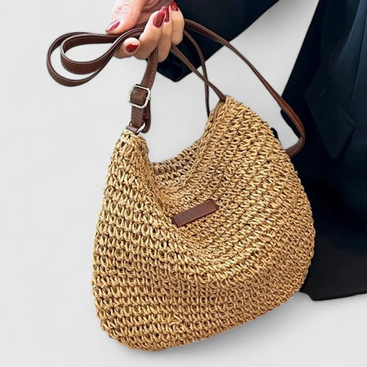 Women's Woven Raffia Hobo Shoulder Bag Adjustable Leather Strap - Khaki