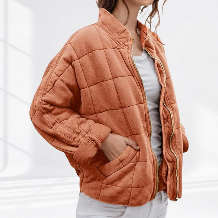 Women's Zip-Up Quilted Jacket Stand Collar Puffer Coat - Peach