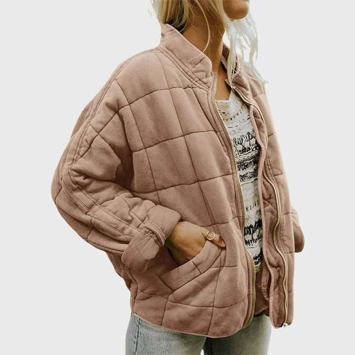 Women's Zip-Up Quilted Jacket Stand Collar Puffer Coat - Khaki