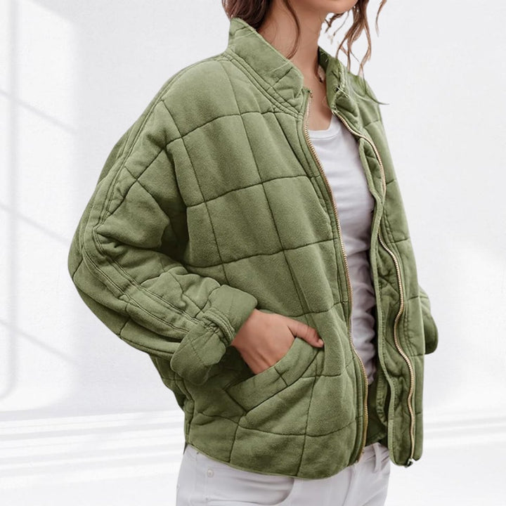 Women's Zip-Up Quilted Jacket Stand Collar Puffer Coat - Sage Green