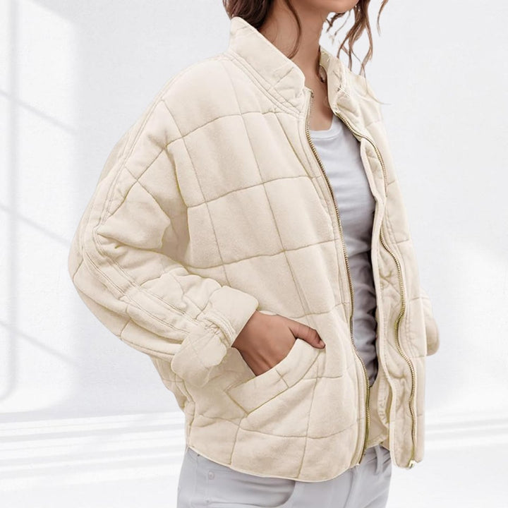 Women's Zip-Up Quilted Jacket Stand Collar Puffer Coat - Cream