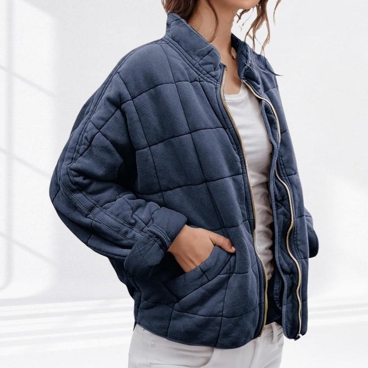 Women's Zip-Up Quilted Jacket Stand Collar Puffer Coat - Navy Blue